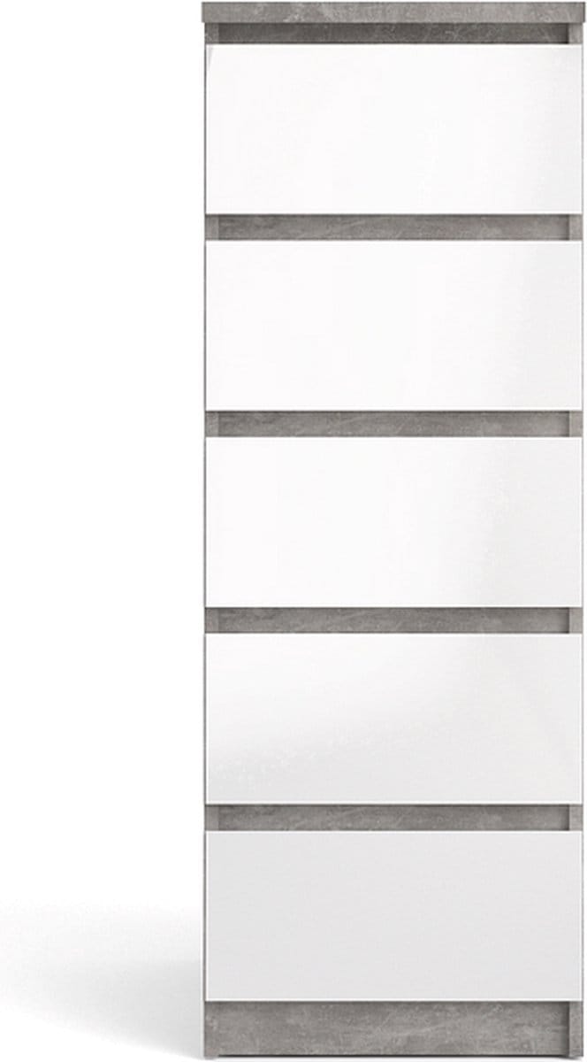 Nada kommode hoog en smal met 5 lades, betondecor/wit hoogglans.