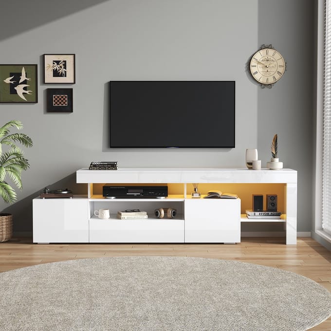 TV-Meubel - 192 x 37 x 53 cm - Met 3 Kasten en LED - Hoogglans - Wit