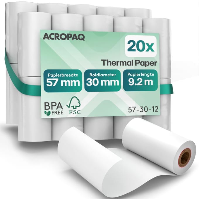 ACROPAQ - 20 x Pinrollen 57x30 mm - 9 meter - Thermisch papier BPA-vrij - Kassarollen voor mobiele betaalterminal