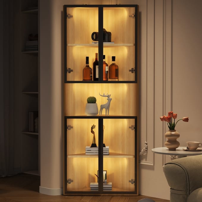 Zubaliya Hoekvitrine - 62x32x160 cm eikenlook - LED per plank - gehard glas - soft-close scharnieren