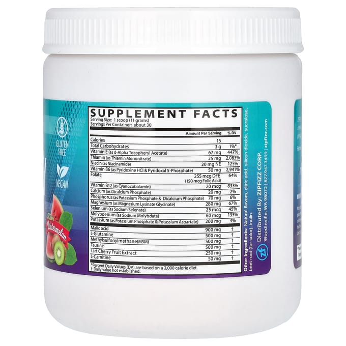 Zipfizz, Mélange pour boisson de récupération, Sans caféine, Kiwi Melon d'eau, 11,64 oz (330 g)
