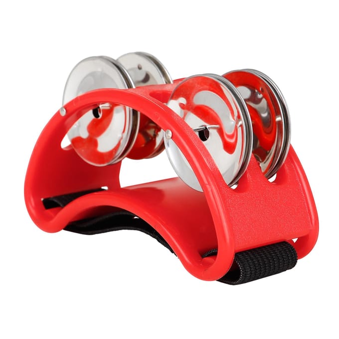 Tambourin à pied de percussion avec 4 paires de jingles en acier inoxydable et sangle élastique rouge