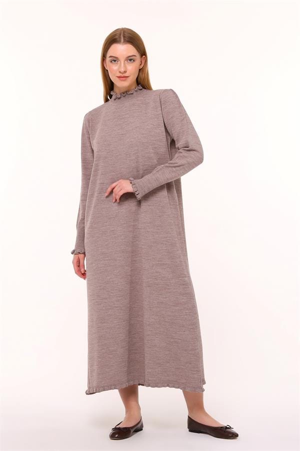 Dames Ruche Detailed Lang Gebreid Jurk