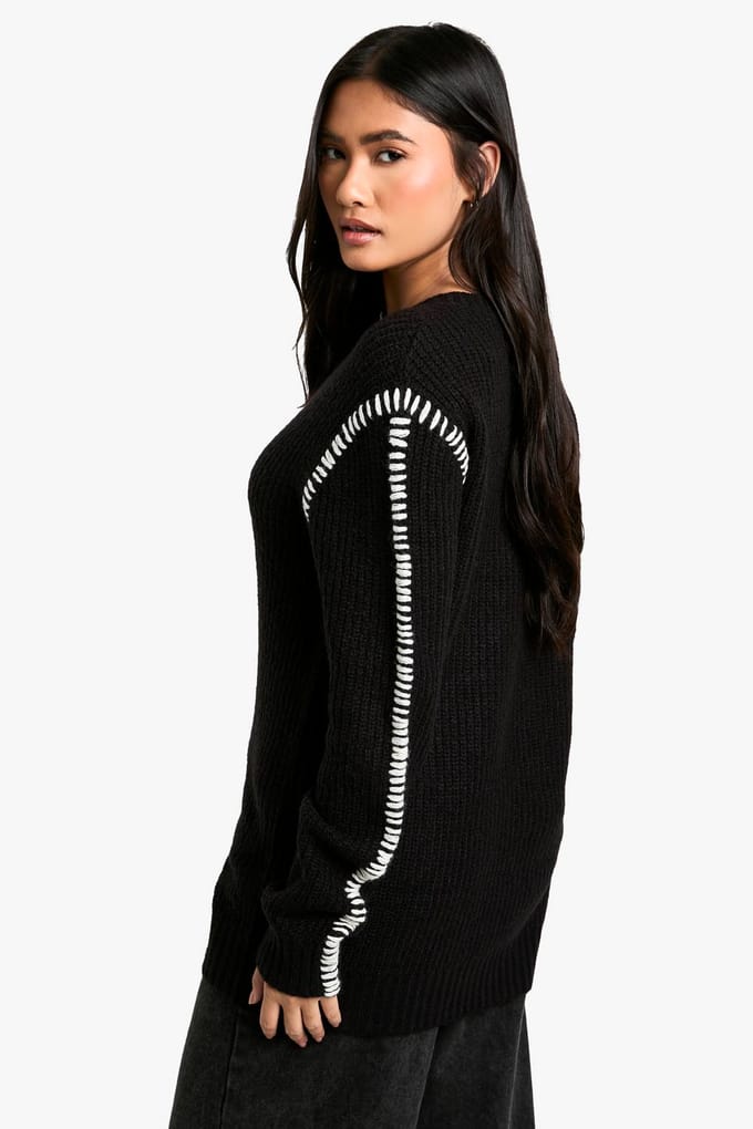 boohoo Dames Premium Contrast Trim V-hals Longline Jumper | Black | Maat: Small