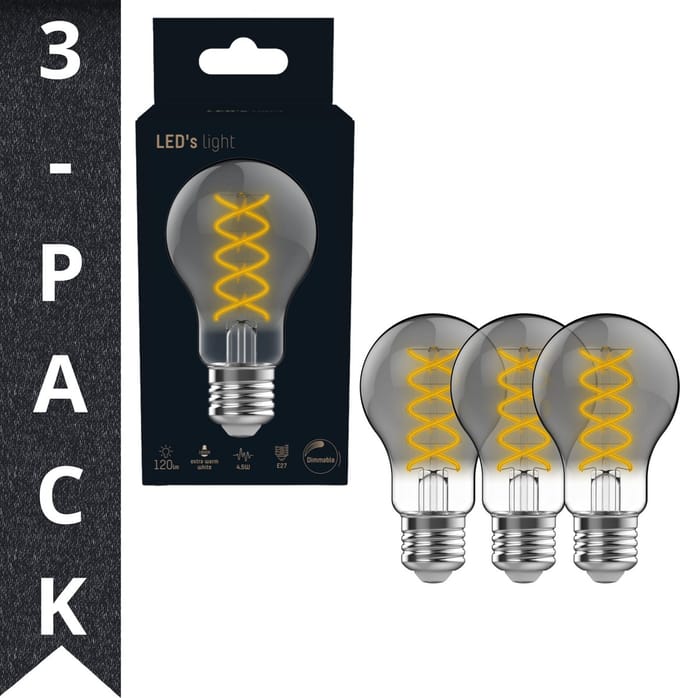 LED Lampen Smokey E27 - Moderne LED Gloeilamp - Dimbaar warm wit licht - 3PACK A60 - Lamp