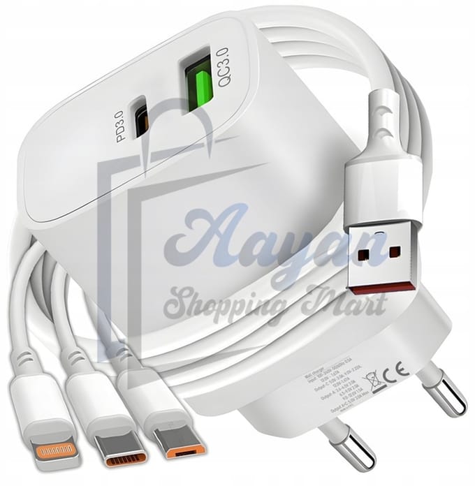 Snelle oplader telefoon met 3-in-1 kabelsnellader - oplader iphone - oplader samsung - oplader usb - 79684