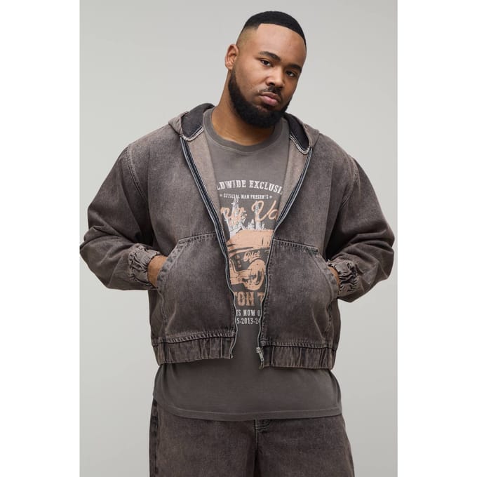 Plus Gewassen Denim Hoodie Met Rits | Mocha | Size 2XL