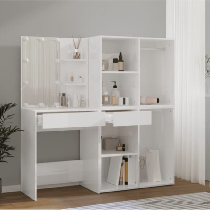 Kaptafel met 2 kastjes en LED's bewerkt hout wit
