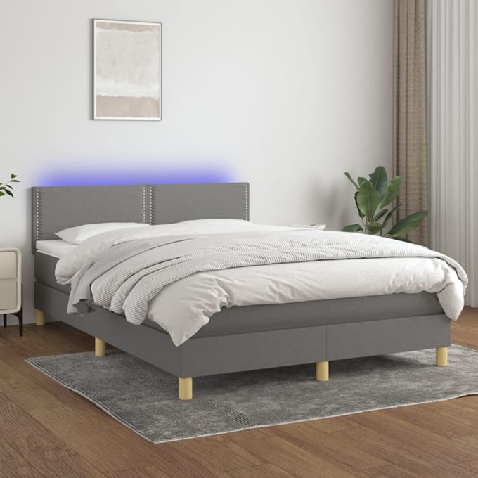 vidaXL - Boxspring - met - matras - en - LED - stof - donkergrijs - 140x190 - cm