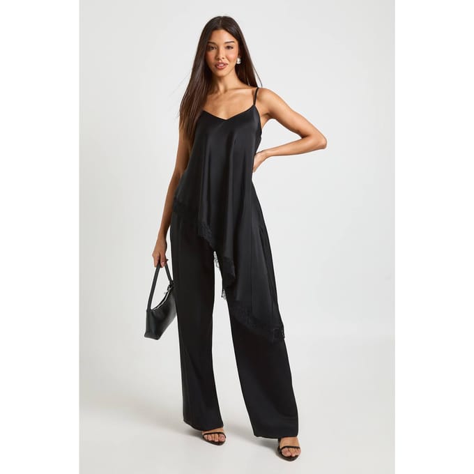 boohoo Dames Kanten Rand Satijnen Hemdjes & Broek Co Ord | Black | Maat: 16