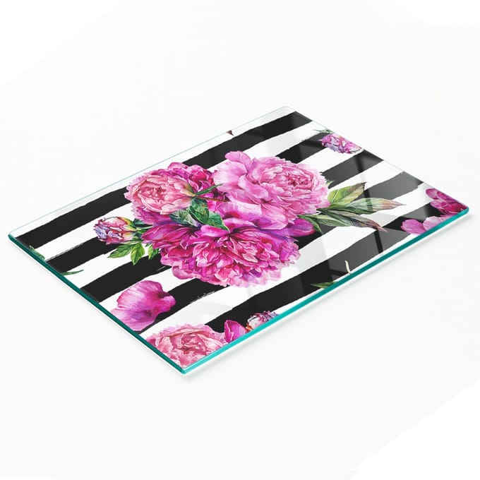 Keukenplank van gehard glas met decoratieve afbeelding van roze pioenrozen, 80x52 cm