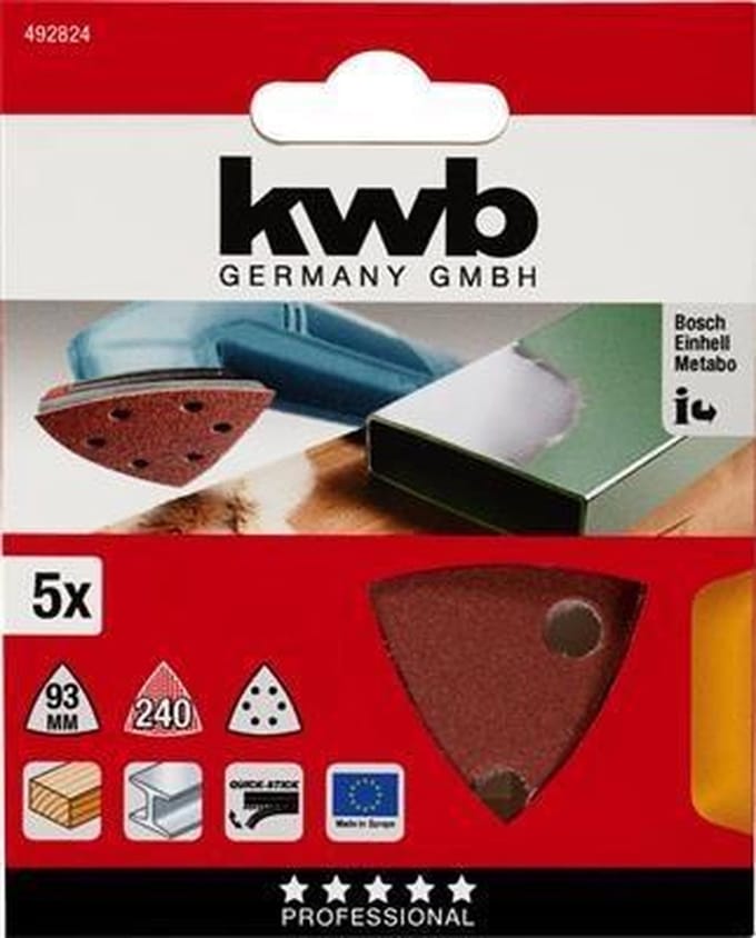 KWB schuurschijf Delta 93 x 93 mm - Korrel 240 - Klittenbandhechting - 492824 - 5 stuks