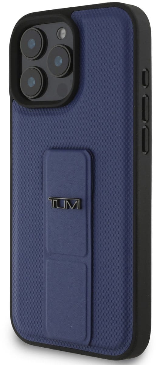Tumi Back cover - iPhone 16 Pro Max - Blauw - Leer met Grip Stand - Geëmbosseerd Ballistic Patroon