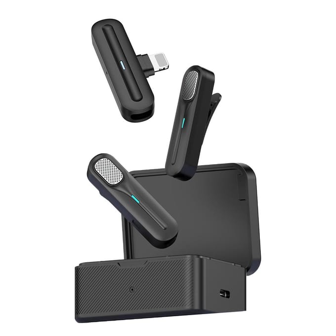 2,4 GHz draadloos lavalier-microfoonsysteem Clip-on microfoon 20 m transmissiebereik Ruis iOS lightning digital output zwart