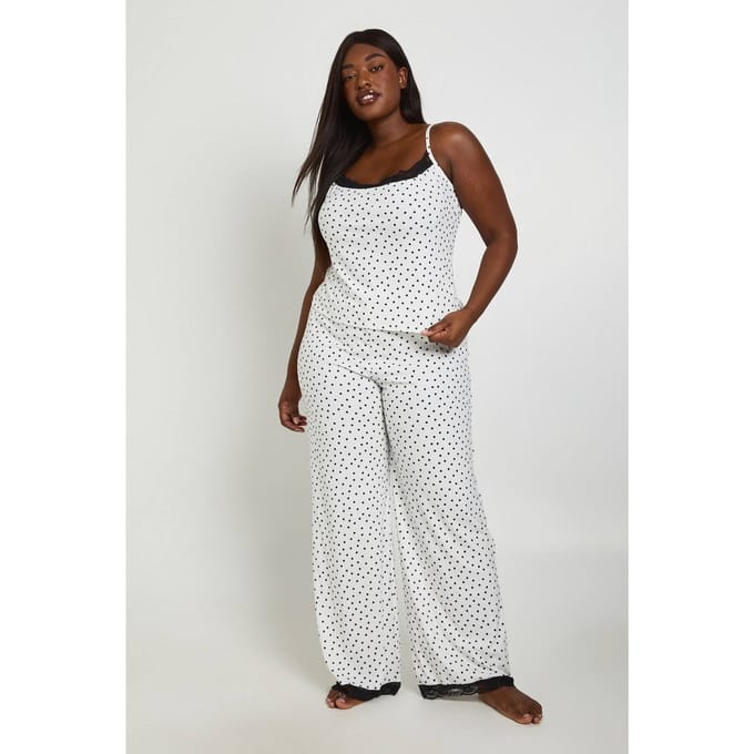 boohoo Dames Plus Polkadot Cami En Broek Pyjama Set | Zwart Wit | Maat: 46