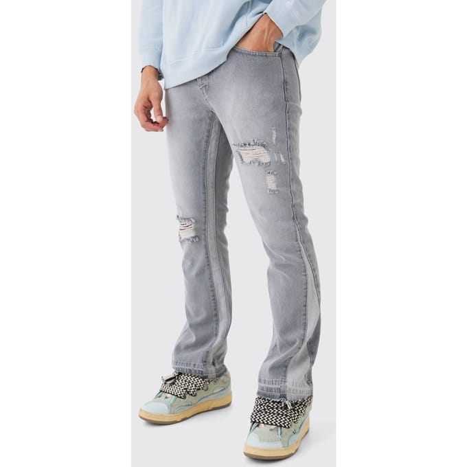 Slim Flare Distressed Jeans met Inzetpaneel | Light Grey | Size 28R