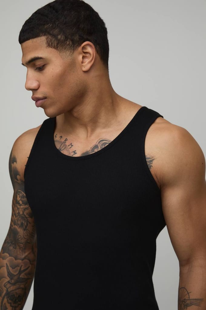Essential Muscle Fit Ribbed Vest | Black | Size Small