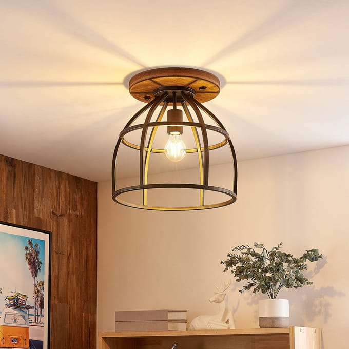 Lindby - plafondlamp hout - 1licht - Metaal, hout - H: 33.4 cm - E27 - zwart, bruin