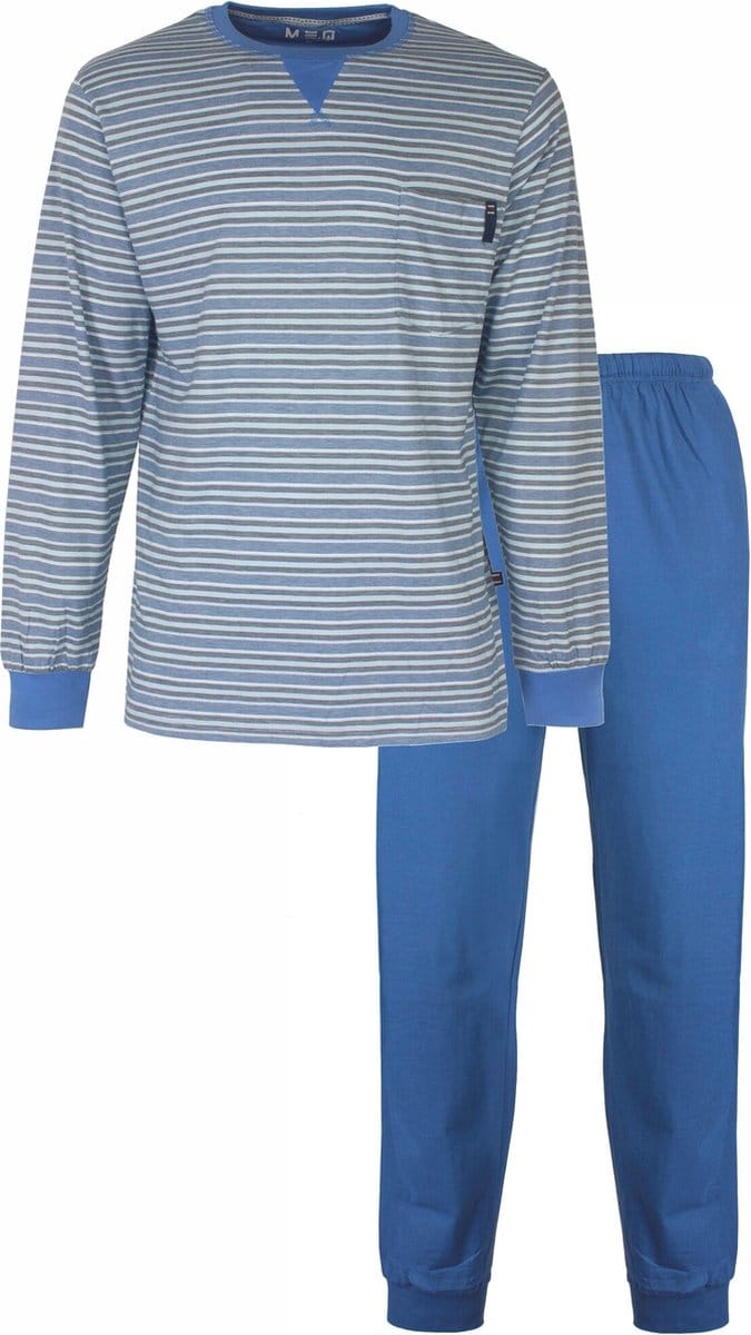 MEQ Heren Pyjama - Pyjama Set - Katoen - Gestreept - Blauw - Maat S