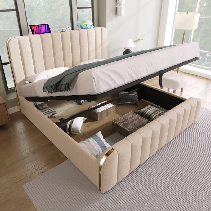 Sweiko Gewatteerd bed - 140 x 200 cm - USB/Type-C - Opbergruimte - Linnen stof - Beige