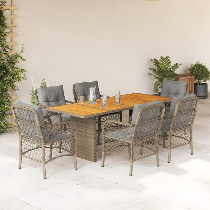 vidaXL - 7-delige - Tuinset - met - kussens - poly - rattan - gemengd - beige