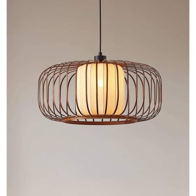 Lindby - Hanglamp - 1licht - Bamboe, textiel, metaal - H: 24.5 cm - E27 - Donker hout, beige