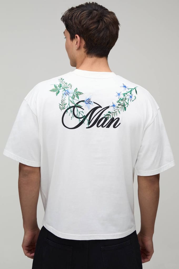 Oversized Boxy T-shirt Met Bloemenborduursels In Zwaar Katoen | White | Size Medium