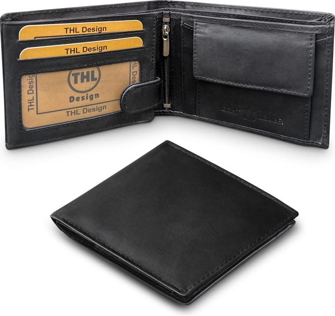THL Design - Portemonnee Heren – Portefeuille Heren - Billfold laag – Compact formaat - Echt Leer Zwart