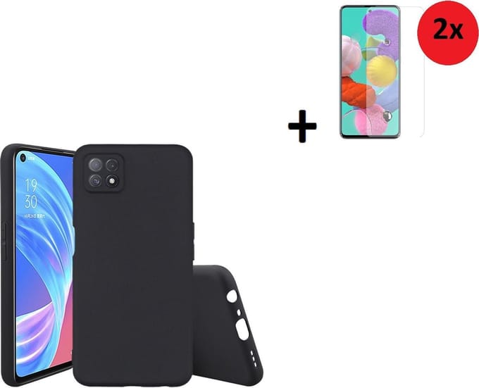 Oppo A73 5G Hoesje - Siliconen - Oppo A73 5G Screenprotector - Hoesje Zwart Case + 2x Screenprotector
