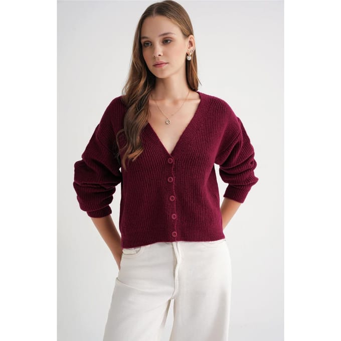 Textuur V-hals Knopen Cardigan