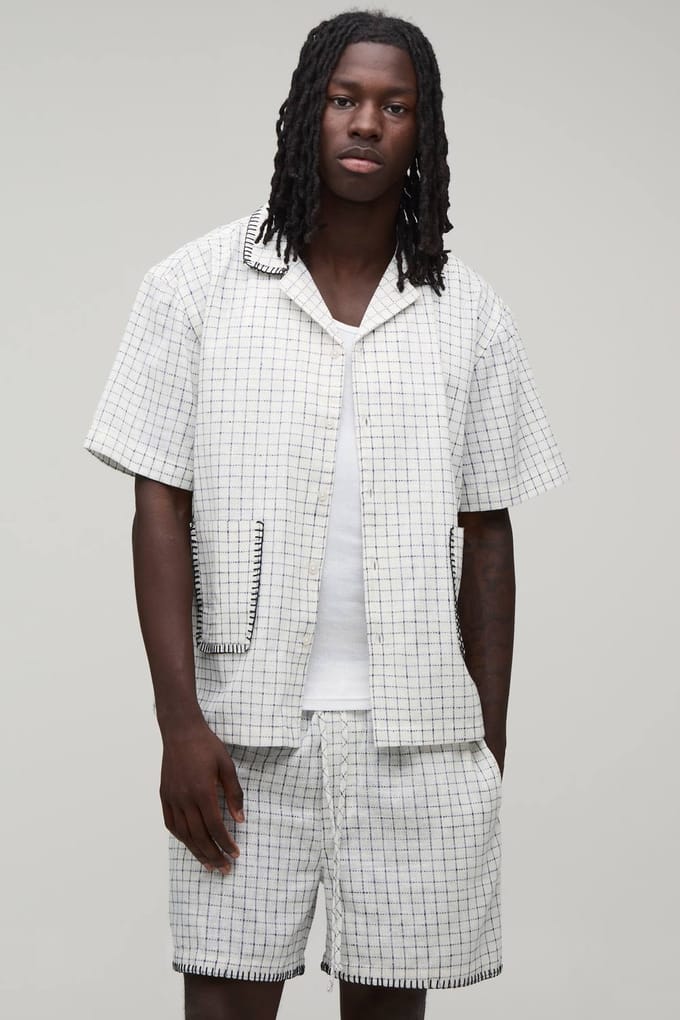 Geruit Ruitpatroon Deken Steek Oversized Korte Mouw Shirt & Wijde Korte Broek Set | White | Size Medium