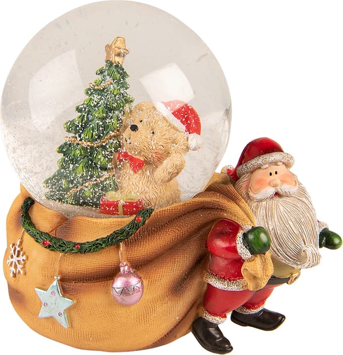 Clayre & Eef Sneeuwbol Kerstman 14x10x14 cm Bruin Rood Kunststof