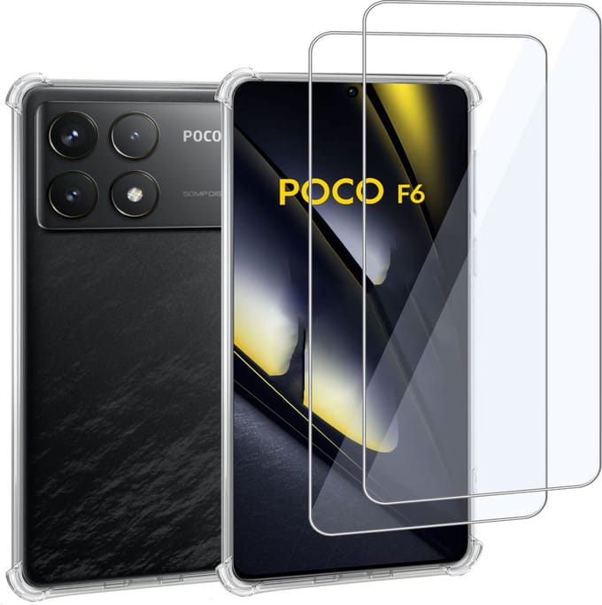 Geschikt voor POCO F6 Pro - Hoesje + 2x Screenprotector – Gehard Glas Cover + Shock Proof Case – Transparant