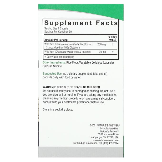 Nature's Answer, Igname Sauvage, 220 mg, 60 Gélules Végétales