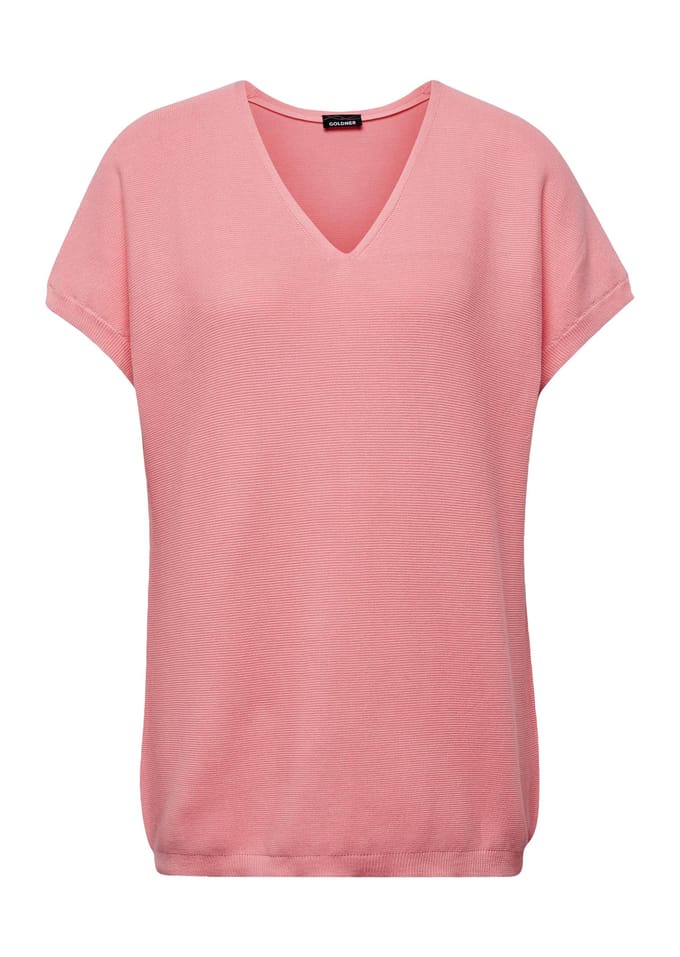 Katoenen pullover met V-hals en korte mouwen - rosé - Gr. 40 van Goldner Fashion