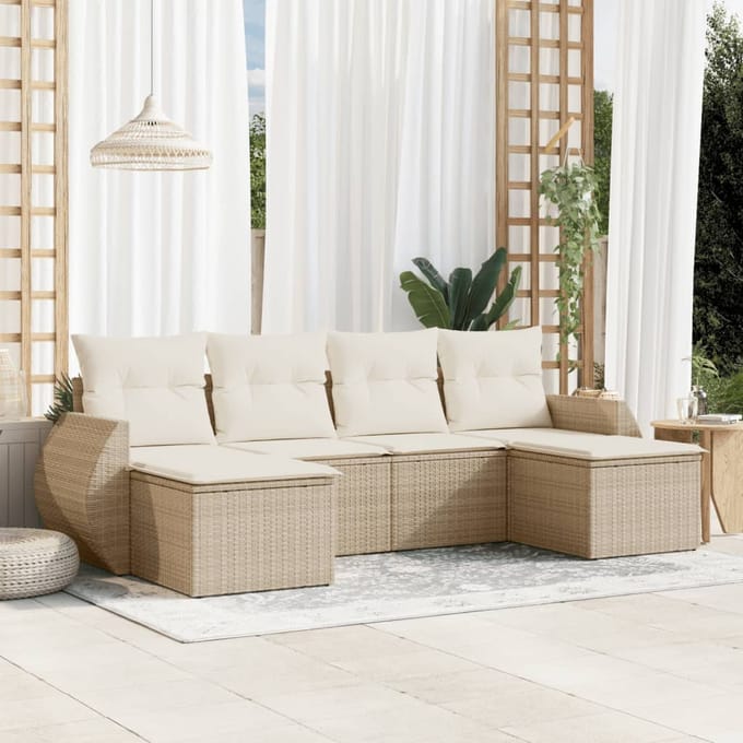 vidaXL - 6-delige - Loungeset - met - kussens - poly - rattan - beige