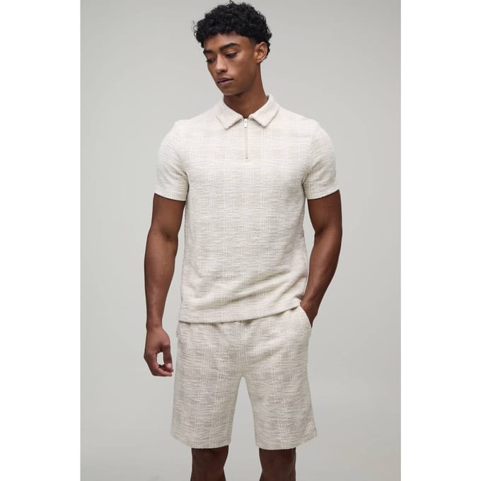Slim Fit Bouclé Geruit Polo & Shorts Set Met Rits | Stone | Size Medium