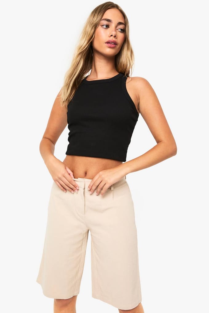 boohoo Dames Linnen getailleerde mid-rise Bermuda shorts | Steen | Maat: 34