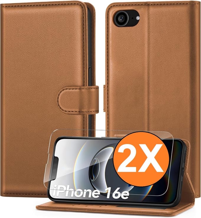Hoesje Geschikt voor iPhone 16e / iPhone 17e hoesje bookcase Bruin met screenprotectors 2 stuks