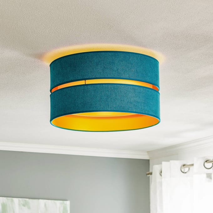 Duolla Duo plafondlamp van textiel, turquoise/goud, Ø40cm