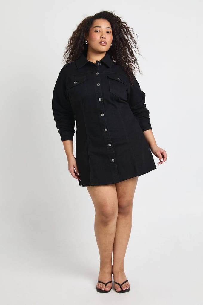 boohoo Dames Plus Denim Doorknoop Jurk | Black | Maat: 16