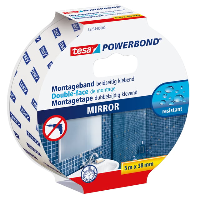 tesa Powerbond Mirror dubbelzijdige montagetape voor spiegels badkamer vochtbestendig – 5m x 38mm