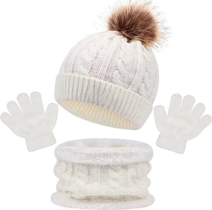 Kindermuts - 3 in 1 - 1 tot 5 jaar - Beanie - Handschoenen - Sjaal - Winter - Wit