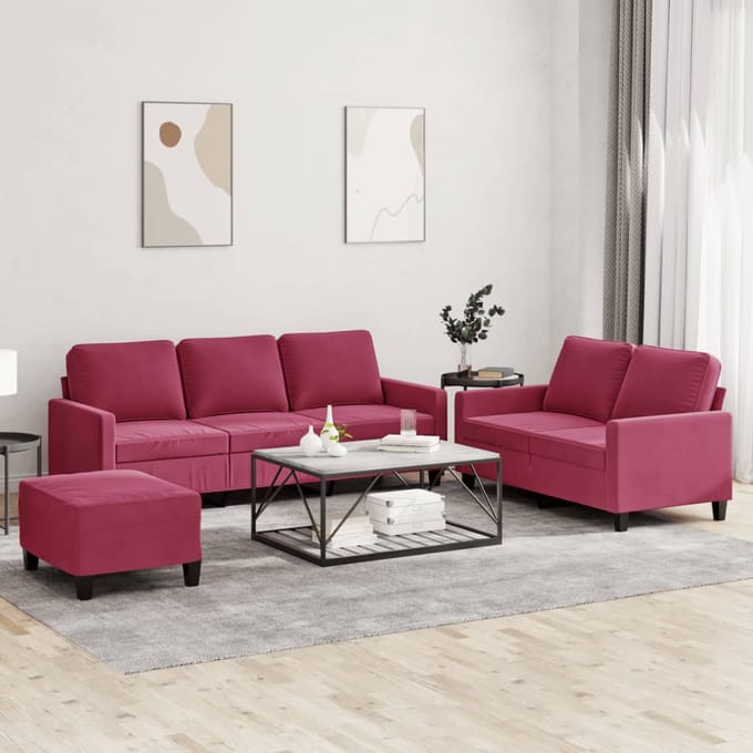 vidaXL - 3-delige - Loungeset - met - kussens - fluweel - wijnrood