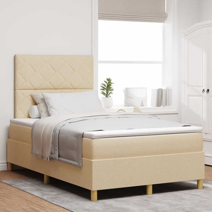vidaXL - Boxspring - bed - met - hoofdeinde - Crème - 120 - x - 200 - cm - Stof