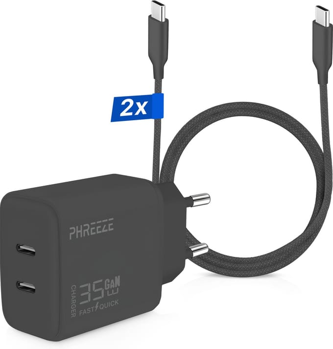 Usb C Adapter 35w + 2x usb-C Kabels (2 Meter) - Compacte Snellader Met 2 usb-C Poorten - Geschikt voor Samsung