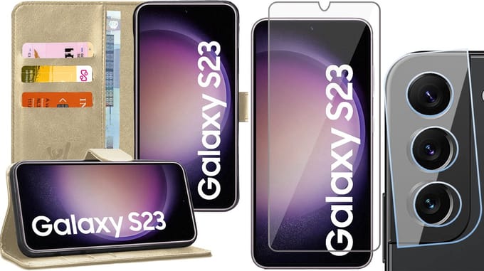 Hoesje geschikt voor Samsung Galaxy S23 - Screenprotector GlassGuard & Camera Lens Screen Protector - Book Case Kunstleer Pasjeshouder Goud