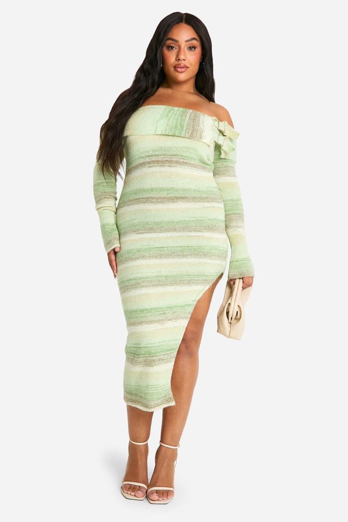 boohoo Dames Plus Bardot Buckle gebreide jurk | Green | Maat: 22