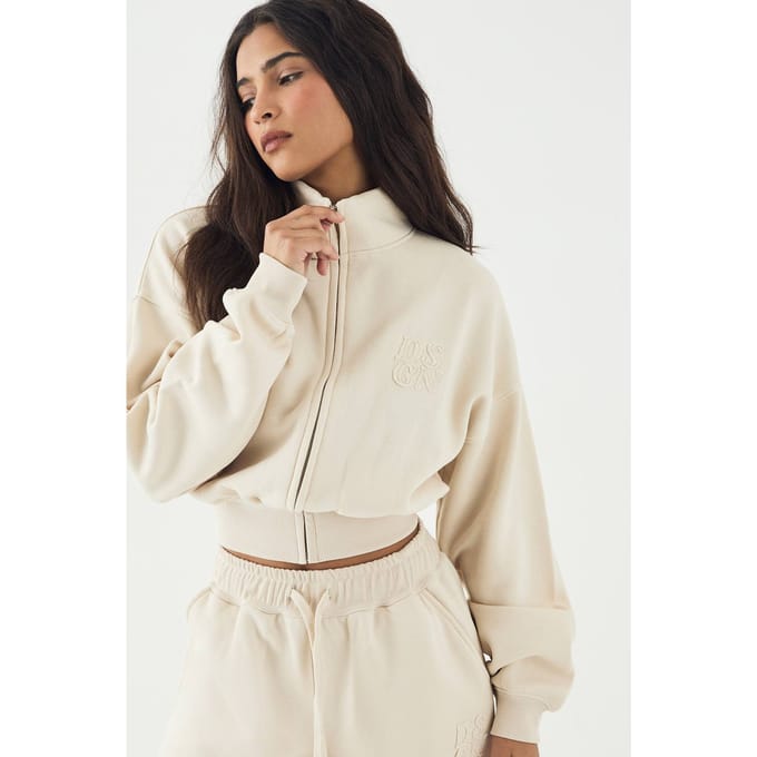 Dames DSGN Studio Zelfstof Applique Doorritssluiting Trechternek Sweatshirt | Steen | Maat: XL