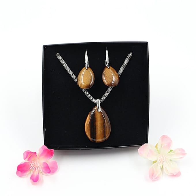 Gemstone set ketting en oorbellen Tijgeroog
